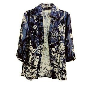 Harve Benard Women's Small Blue and White Hawaiian 3/4 Sleeve Linen/Cotton